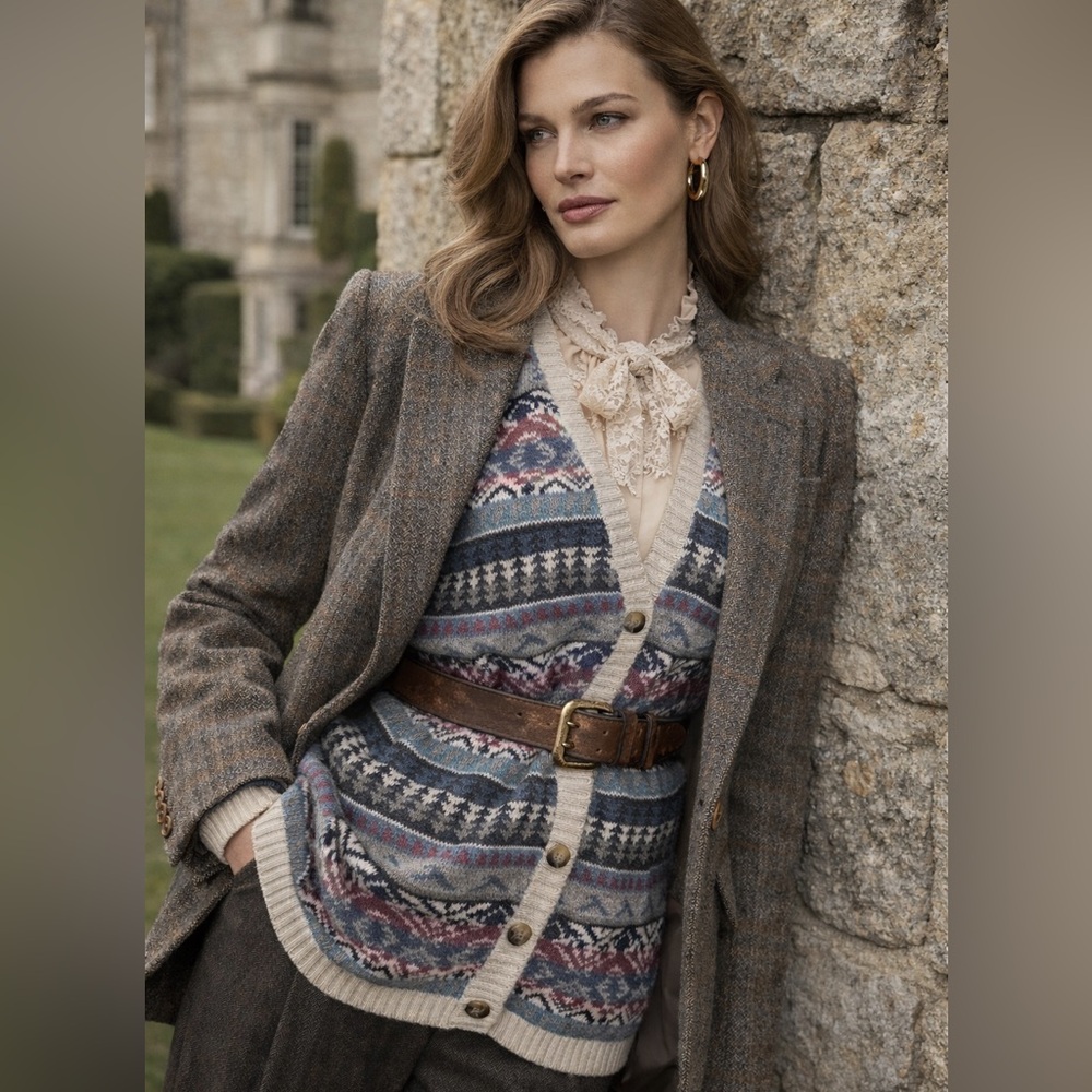 VTG 80s 90s Woods & Gray, Pink, Gray, Blue Nordic Fair Isle Cardigan, M